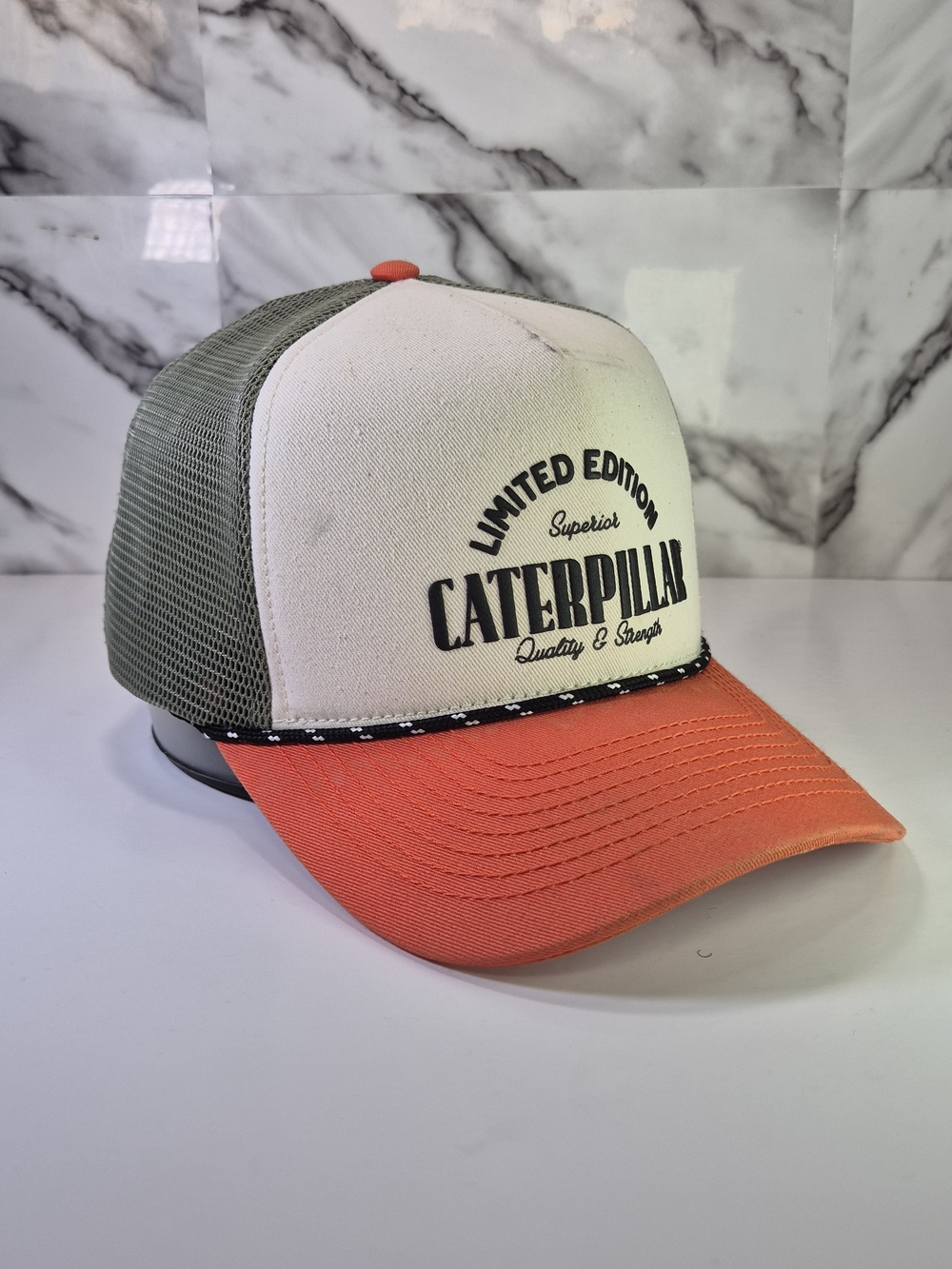 CAT Caterpillar Orange, White & Green Mesh Trucker Hat. Limited Edition